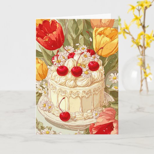Cute Birthday Cake Celebration Card カード (黄色い花)