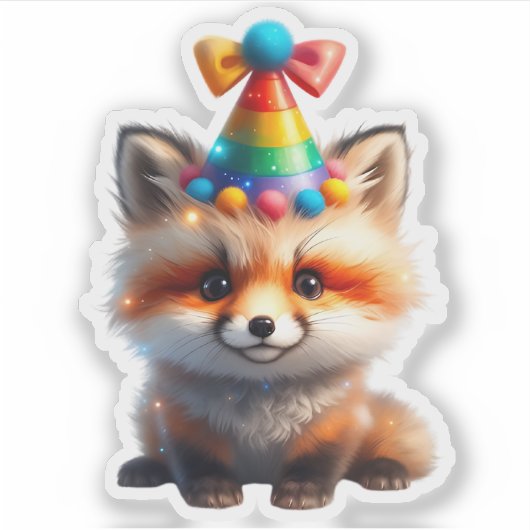 Cute Birthday Fox with Rainbow Party Hat Sticker シール (正面)