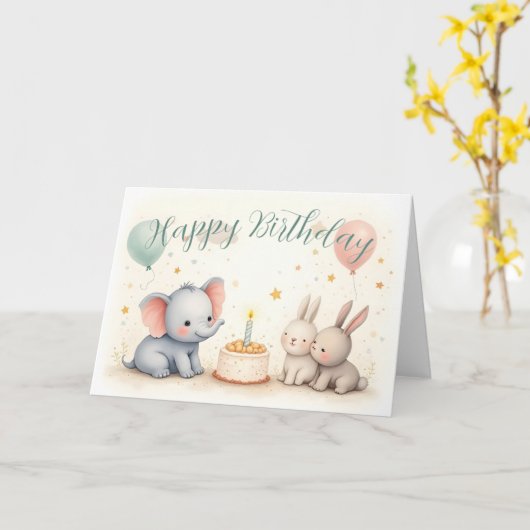 Cute Birthday Greeting with Animal Friends カード (黄色い花)