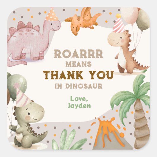 Cute Birthday Party Dinosaur Thank You スクエアシール (正面)