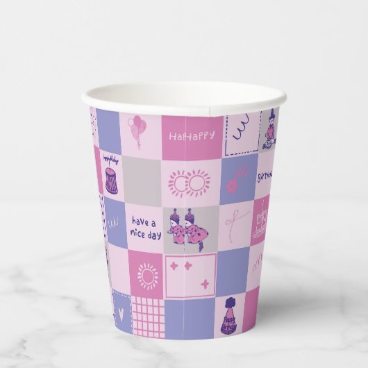 Cute Birthday Squares – Pink modern Pattern 紙コップ (右)