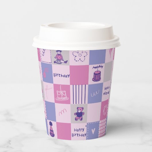 Cute Birthday Squares – Pink modern Pattern 紙コップ (裏面)