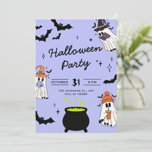 Cute Black and Purple Illustrative Ghost Halloween 招待状 (スタンド正面)