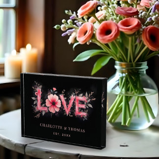 Cute Black and Red Shades Floral Blooms LOVE Word フォトブロック