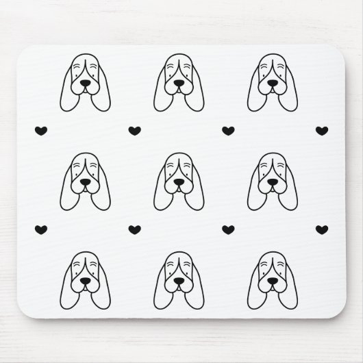 Cute Black and White Basset Hound Heart Pattern マウスパッド (正面)
