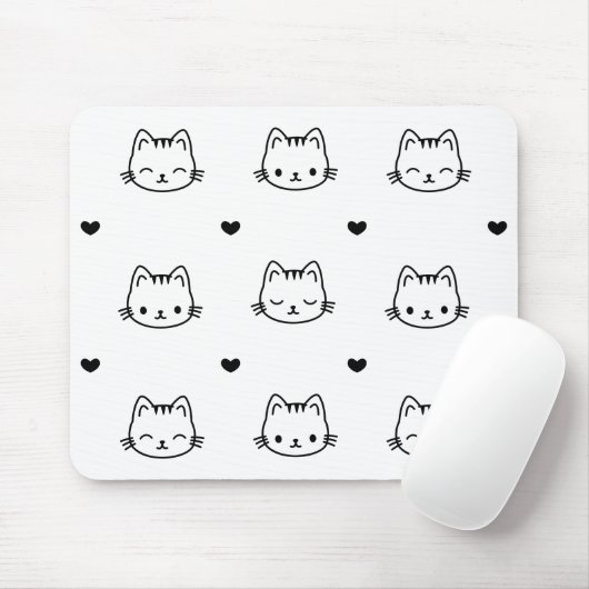 Cute Black and White Cat and Heart Pattern マウスパッド (マウス)