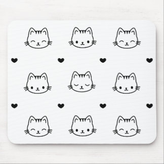 Cute Black and White Cat and Heart Pattern マウスパッド