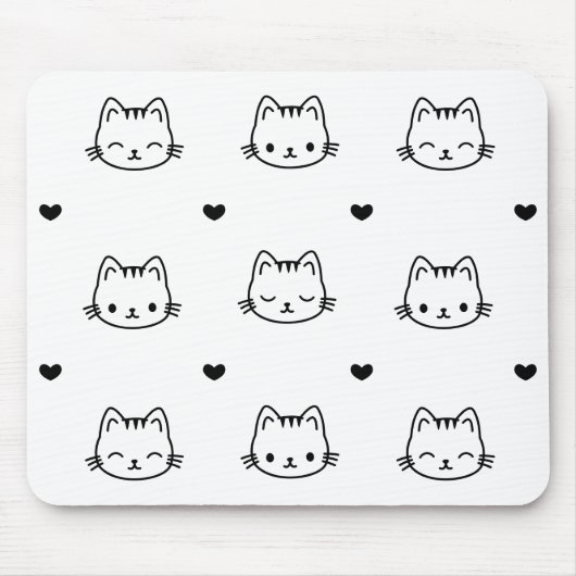 Cute Black and White Cat and Heart Pattern マウスパッド (正面)