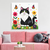 Cute Black and White Cat, Flowers and Butterflies キャンバスプリント (インサイチュ (リビング))
