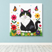 Cute Black and White Cat, Flowers and Butterflies キャンバスプリント (インサイチュ (ウッドフロア))