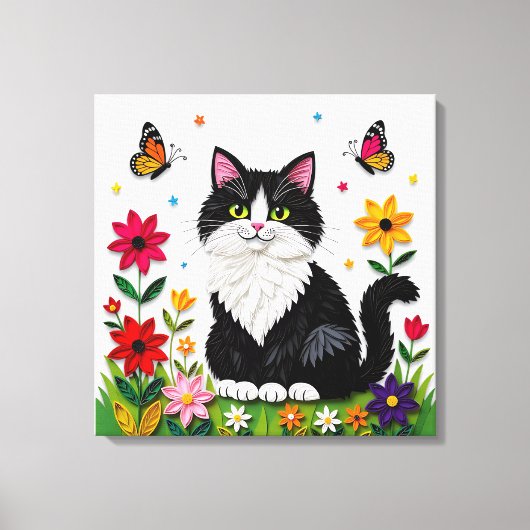 Cute Black and White Cat, Flowers and Butterflies キャンバスプリント (正面)