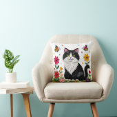 Cute Black and White Cat, Flowers and Butterflies クッション (椅子)