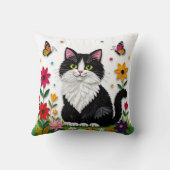 Cute Black and White Cat, Flowers and Butterflies クッション (裏面)