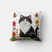 Cute Black and White Cat, Flowers and Butterflies クッション (正面)