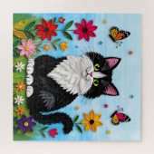 Cute Black and White Cat, Flowers and Butterflies ジグソーパズル (横)
