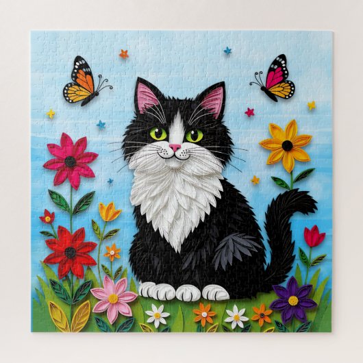 Cute Black and White Cat, Flowers and Butterflies ジグソーパズル (縦)