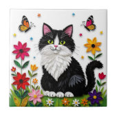 Cute Black and White Cat, Flowers and Butterflies タイル (正面)