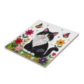Cute Black and White Cat, Flowers and Butterflies タイル (側面)