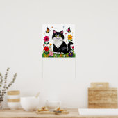 Cute Black and White Cat, Flowers and Butterflies ポスター (キッチン)