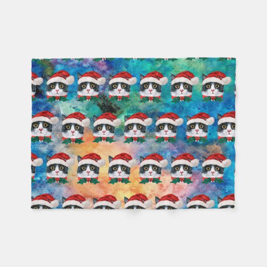 Cute Black and White Christmas Cat Faces Pattern フリースブランケット (正面(横))
