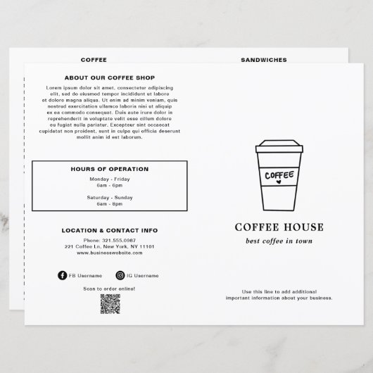 Cute Black and White Coffee Cup Coffee Shop Menu (正面/裏面)