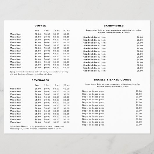 Cute Black and White Coffee Cup Coffee Shop Menu チラシ (裏面)