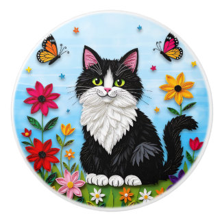 Cute Black and White  Folk Art Cat and Flowers セラミックノブ