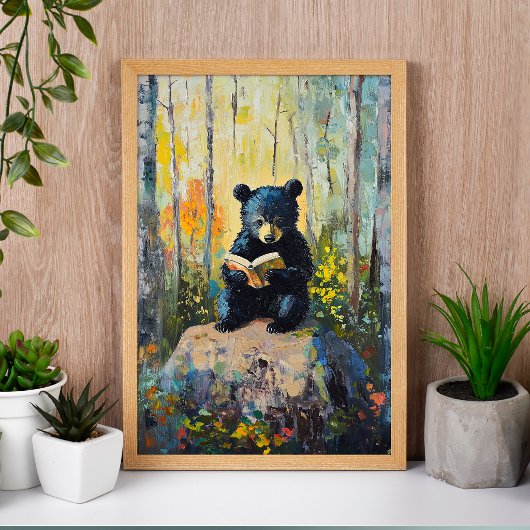 Cute Black Bear Reading a Book Poster ポスター