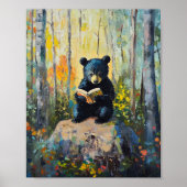 Cute Black Bear Reading a Book Poster ポスター (正面)