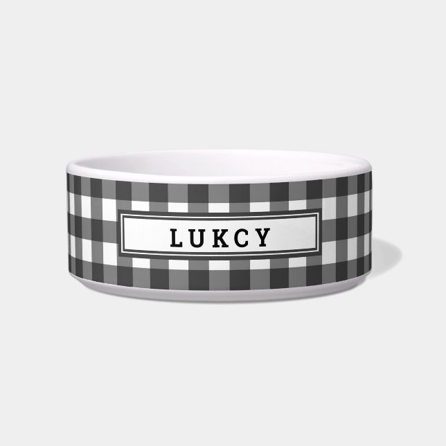 Cute Black Buffalo Plaid Dog Name Personalized ボウル (正面)