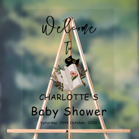 Cute Black Cat and Book Baby Shower Welcome アクリルサイン (ニュートラル)