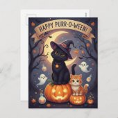 Cute Black Cat and Kitten on Pumpkins Halloween  シーズンポストカード (正面/裏面)