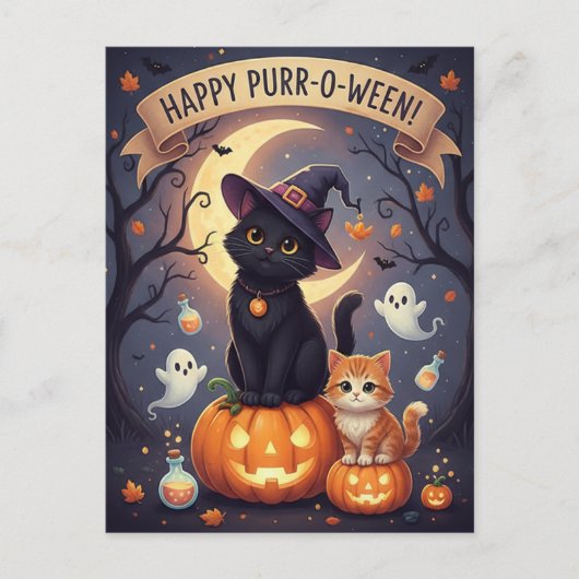 Cute Black Cat and Kitten on Pumpkins Halloween  シーズンポストカード (正面)
