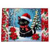 Cute Black Cat and Poinsettia Christmas ラージペーパーバッグ (正面)
