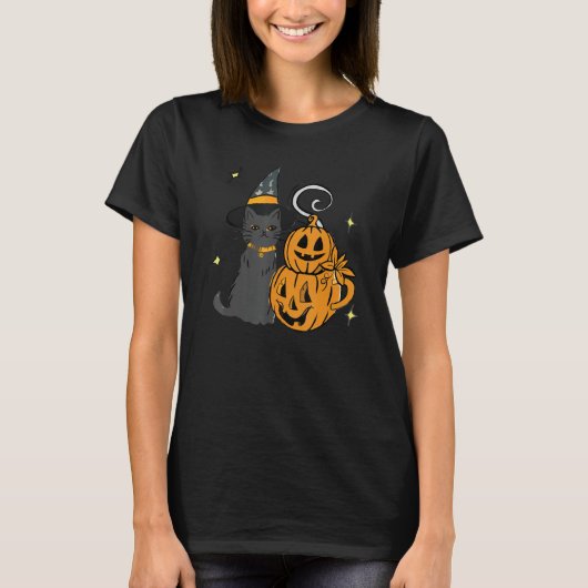 Cute Black Cat And Pumpkin Face Halloween Trendy C Tシャツ (正面)