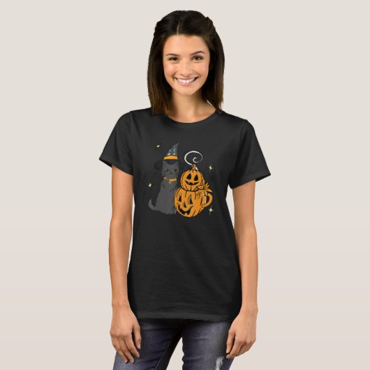Cute Black Cat And Pumpkin Face Halloween Trendy C Tシャツ (正面フル)