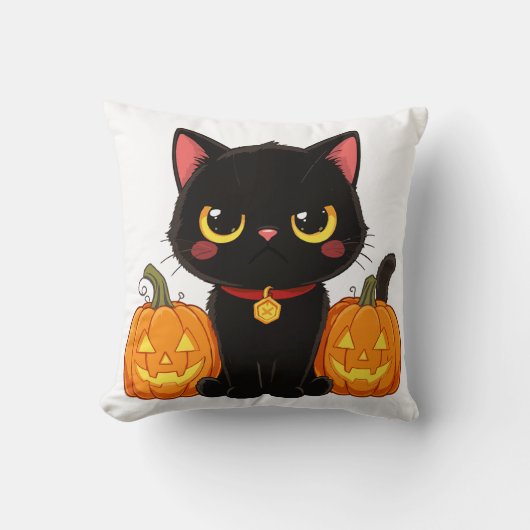 Cute Black Cat and Pumpkins Halloween クッション (正面)