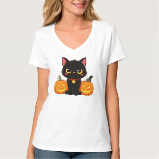 Cute Black Cat and Pumpkins Halloween Tシャツ