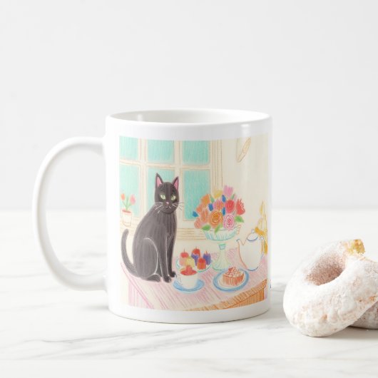 Cute Black Cat at Tea Party Mug コーヒーマグカップ (ドーナツ)