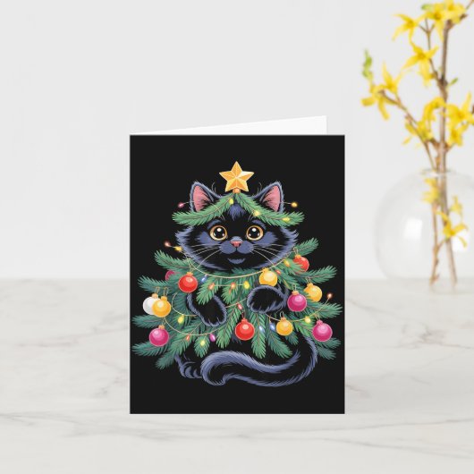 Cute Black Cat Christmas Tree Funny Kitten Lover X カード (黄色い花)