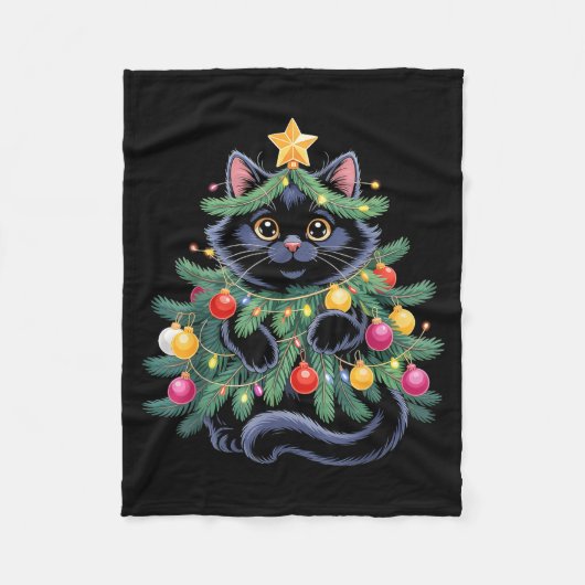 Cute Black Cat Christmas Tree Funny Kitten Lover X フリースブランケット (正面)
