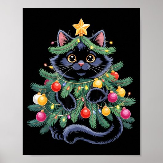 Cute Black Cat Christmas Tree Funny Kitten Lover X ポスター (正面)