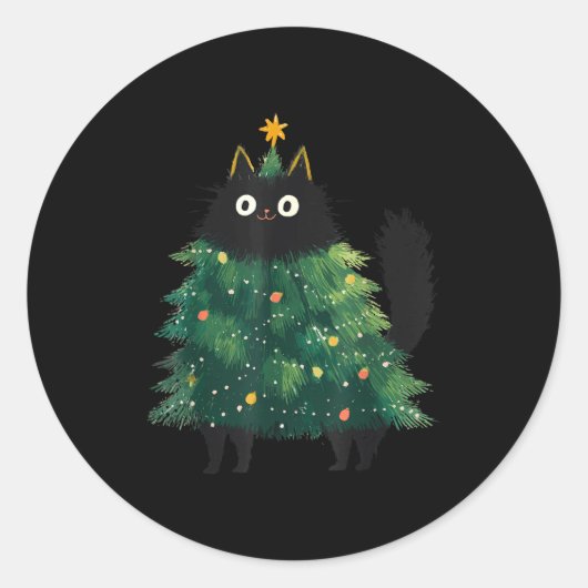 Cute Black Cat Christmas Tree Funny Kitten Lover X ラウンドシール (正面)