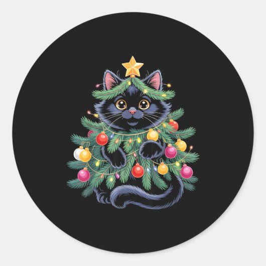 Cute Black Cat Christmas Tree Funny Kitten Lover X ラウンドシール (正面)