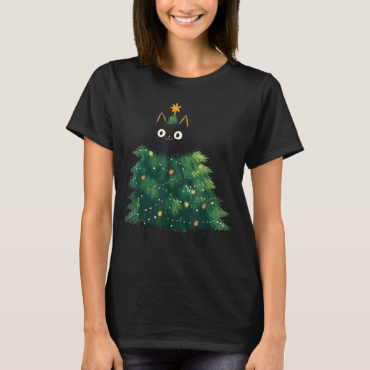 Cute Black Cat Christmas Tree Funny Kitten Lover X Tシャツ (正面)