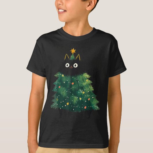 Cute Black Cat Christmas Tree Funny Kitten Lover X Tシャツ (正面)