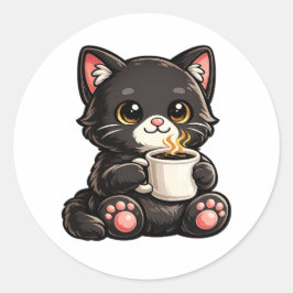 Cute Black Cat Coffee – Cozy Kawaii Cat Illustrati ラウンドシール