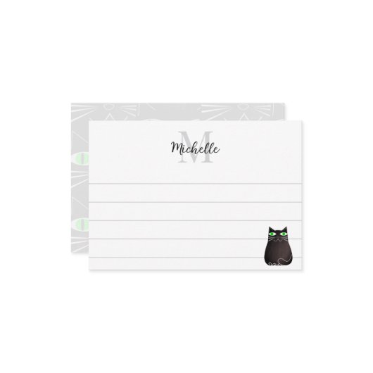 Cute Black Cat Custom Lined Monogram ノートカード (正面/裏面インサイチュ)