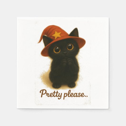 Cute Black Cat Emi Begging Pose – Kawaii Witch Hat スタンダードカクテルナプキン (正面)