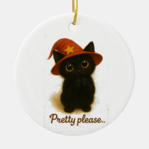 Cute Black Cat Emi Begging Pose – Kawaii Witch Hat セラミックオーナメント